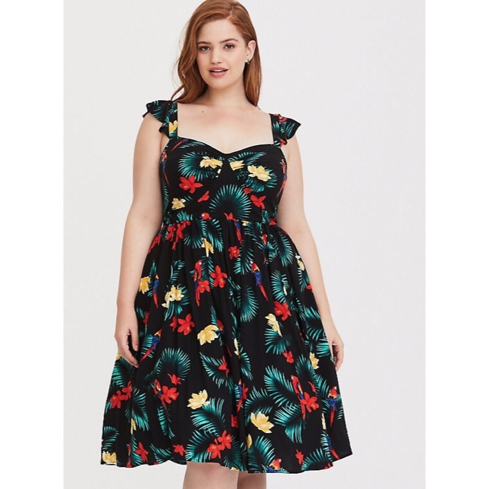 Retro Chic Black Tropical Midi Skater Dress